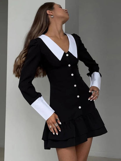 Taruxy High Waist ’s Evening Dress Retro Splice Long Sleeve Turn Collar Folds Mini Dress Woman Party Wedding Dresses