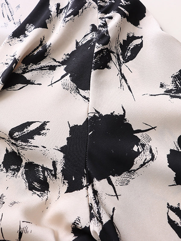 Loose Puff Sleeves Printed V-neck Blouses&shirts Tops