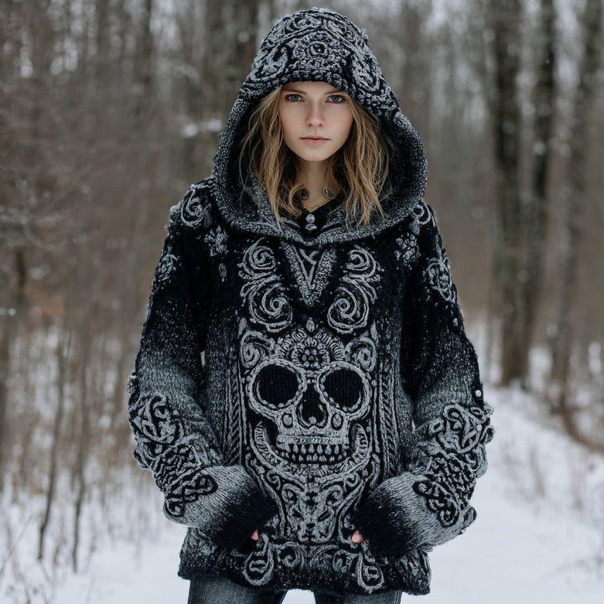 Women's Vintage Skull Gradient Art Knit Hooded Sweater elevenforest