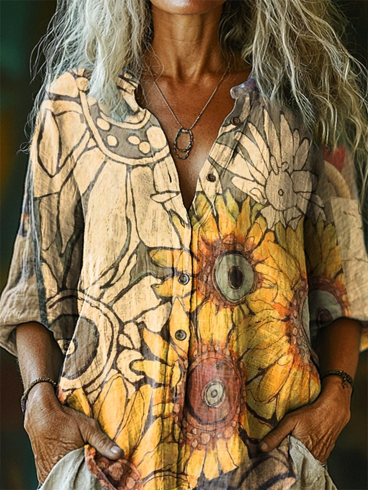 Women's Floral Pattern Art Print Casual Cotton Linen Shirt