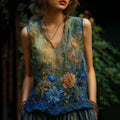 Vintage Oil Painting Floral Embroidered Contrast Flowy Linen Sleeveless Top elevenforest