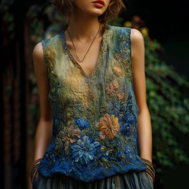 Vintage Oil Painting Floral Embroidered Contrast Flowy Linen Sleeveless Top elevenforest
