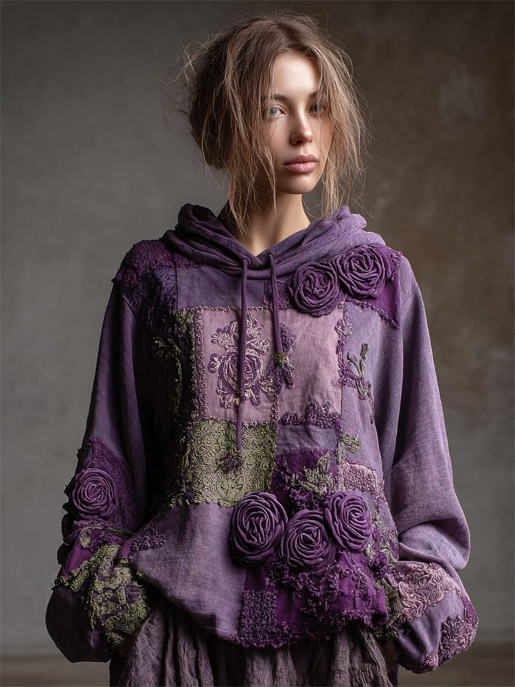 Vintage Purple Roses Lace Patchwork Hoodie elevenforest