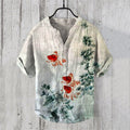 Men's Vintage Japanese Art Goldfish And Bamboo V Neck Casual Linen Blend Shirt elevenforest