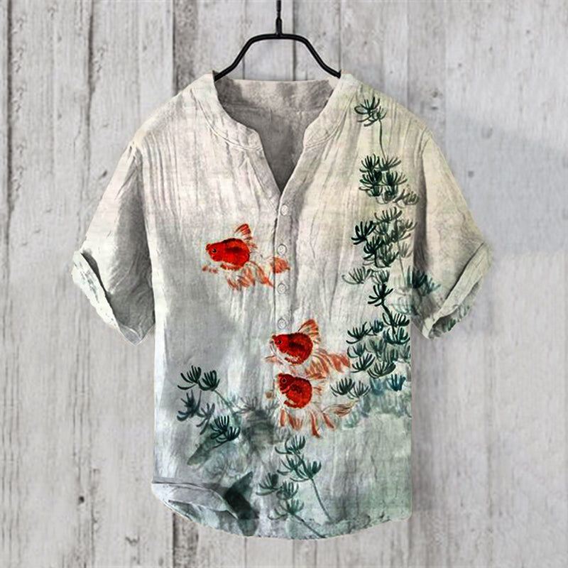 Men's Vintage Japanese Art Goldfish And Bamboo V Neck Casual Linen Blend Shirt elevenforest