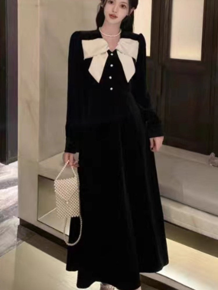 ’s Velvet Midi Dress Autumn Spring Bow Design V-neck Long Sleeve A-line French Evening Party Prom Robe Vestidos New