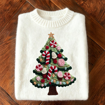 Cute Crochet Christmas Tree Embroidered Cozy Knit Sweater artswardrobe
