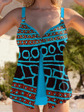 Women's Geometric Art Print Double Layer Halter Top And Triangle Briefs Tankini Set