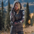Comstylish Halloween Mechanical Skeleton Floral Knit Art Women's Hooded Zipper Sweater