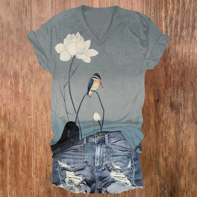 Comstylish Vintage Bird And Lotus Art Pattern V-neck T-shirt