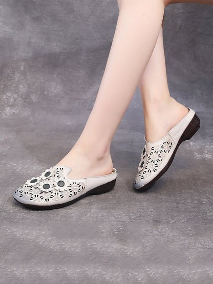 Summer Leather Flower Spliced Cutout Slippers Oo1019