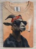 Comstylish Cool Smoking Goat Art Print Casual Short Sleeve T-shirt