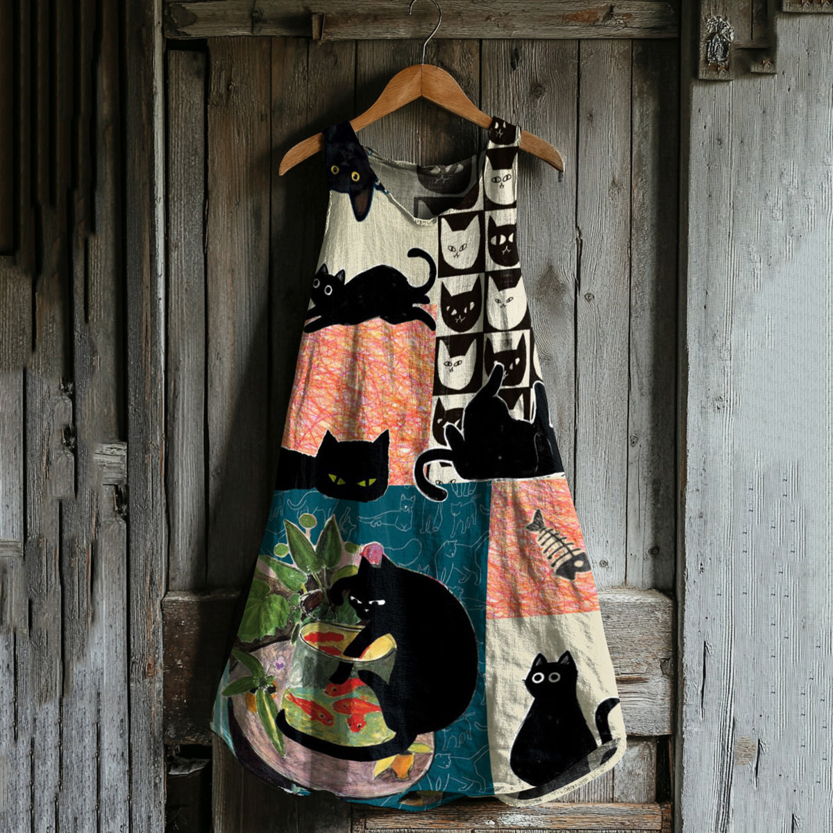 Vintage Cute Cats Patchwork Art Linen Blend Tank Dress