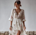 Bohemian Style Plant Flower And Butterfly Pattern Embroidery Design V-neck Woman's Long Dress elevenforest