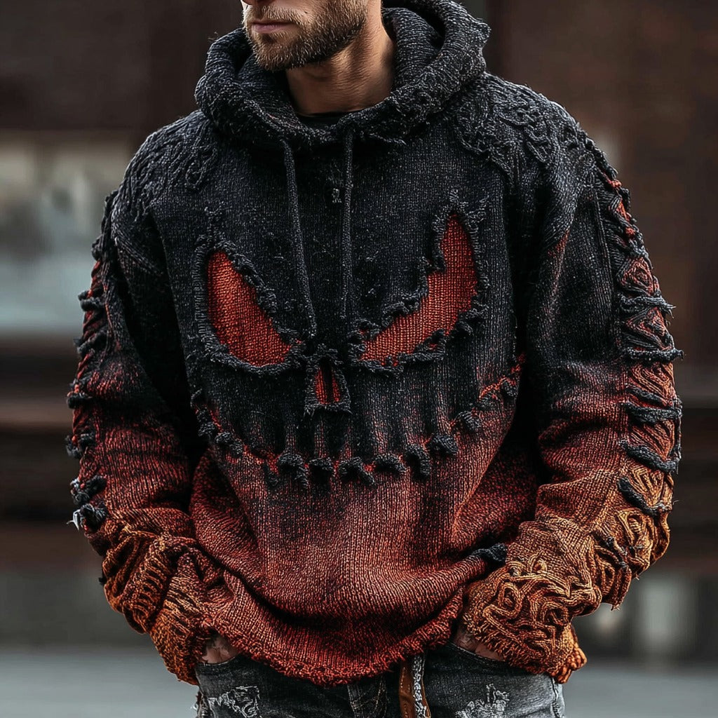 Men's Halloween Spooky Face Gradient Inspired Knitted Distressed Hooded Sweater artswardrobe
