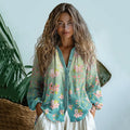 Comstylish Bohemian Style Linen Sakura Blossom Waves Art Print Long Sleeve Shirt