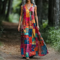 Women's Art Painting Colorful Patchwork Print V Neck Tank Dress elevenforest