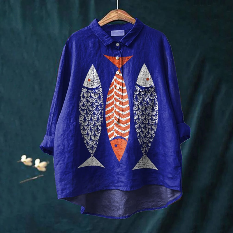 Japanese Art Fish Print Lapel Loose Shirt elevenforest