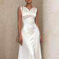 Comstylish Elegant White Satin Pleated Maxi Dress
