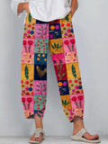 Comstylish Women's Boho Floral Embroidered Patchwork Linen Blend Pants