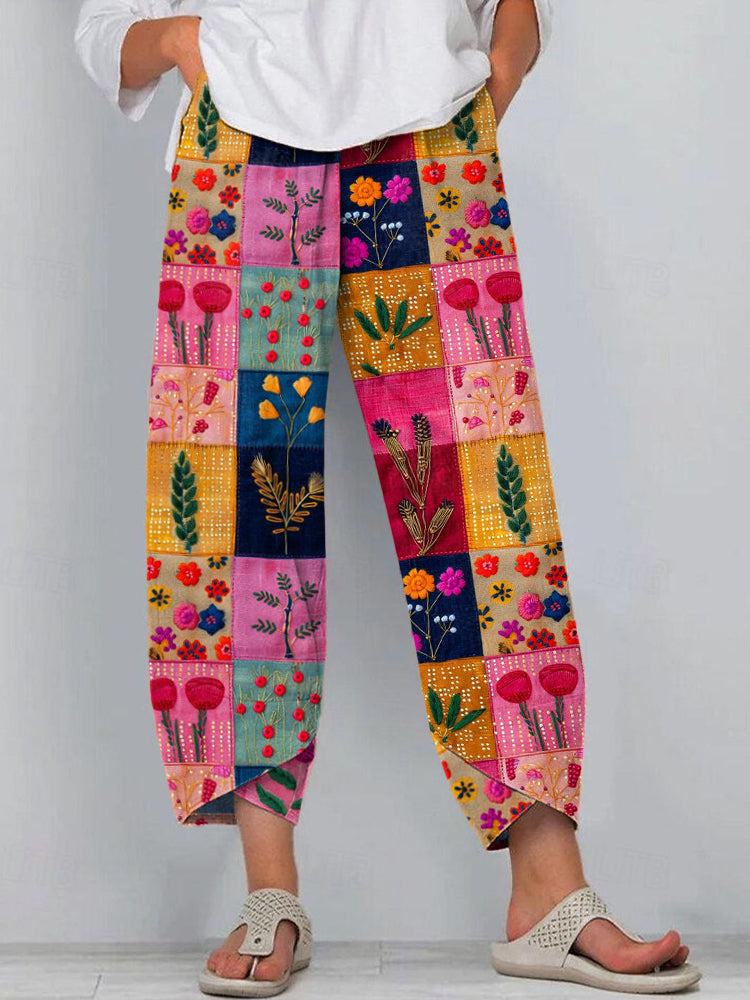 Comstylish Women's Boho Floral Embroidered Patchwork Linen Blend Pants