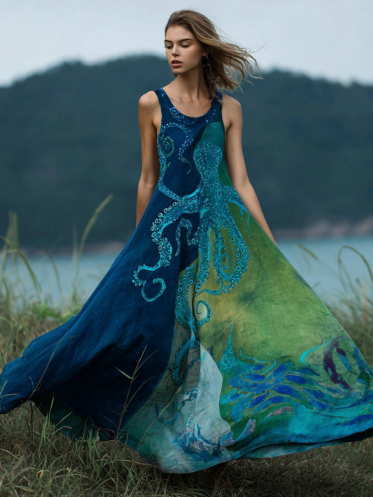 Ocean Octopus Gradient Art Women's Linen Vest Maxi Dress elevenforest