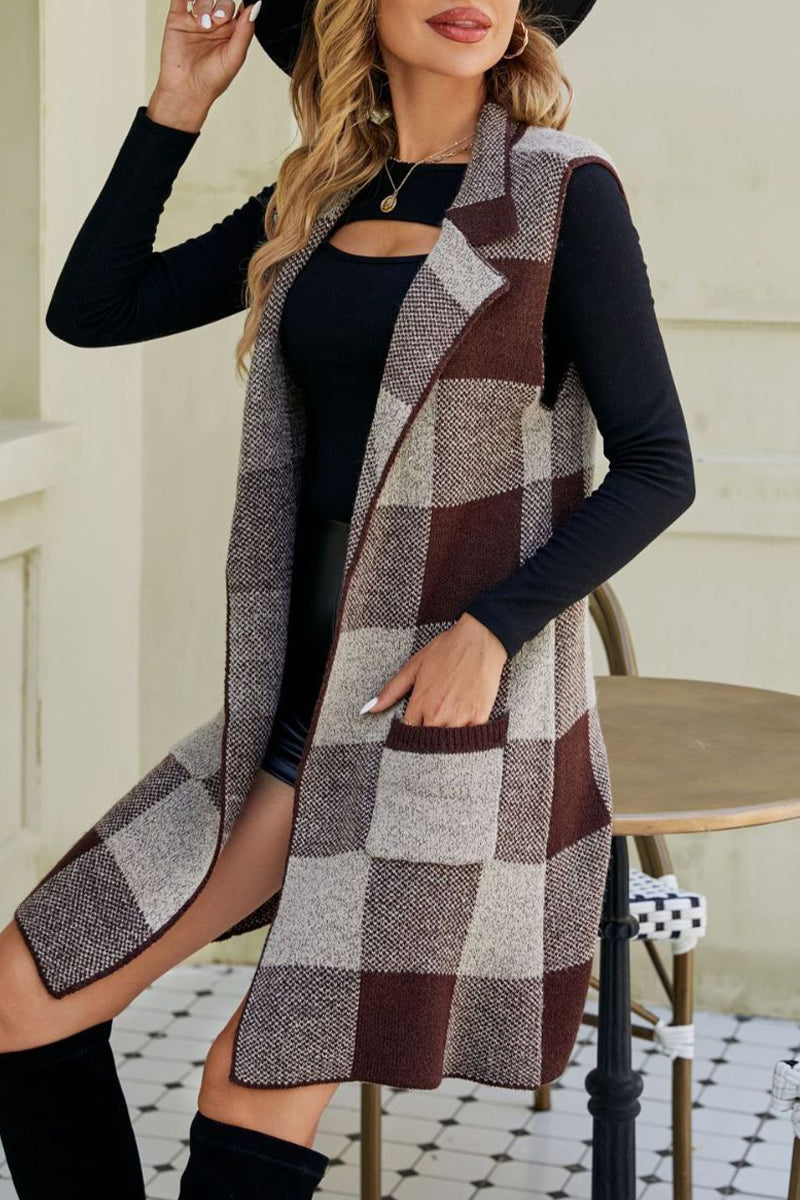 Plaid Patchwork Pocket Turn-back Collar Tops