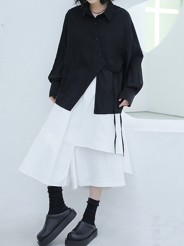 Loose Puff Sleeves Asymmetric Lace-up See-through Color Split-joint Lapel Blouses
