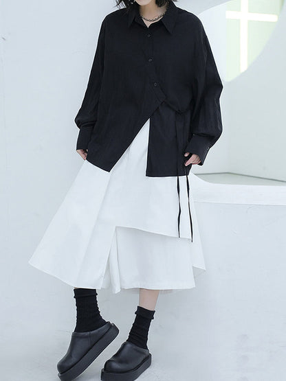 Loose Puff Sleeves Asymmetric Lace-up See-through Color Split-joint Lapel Blouses