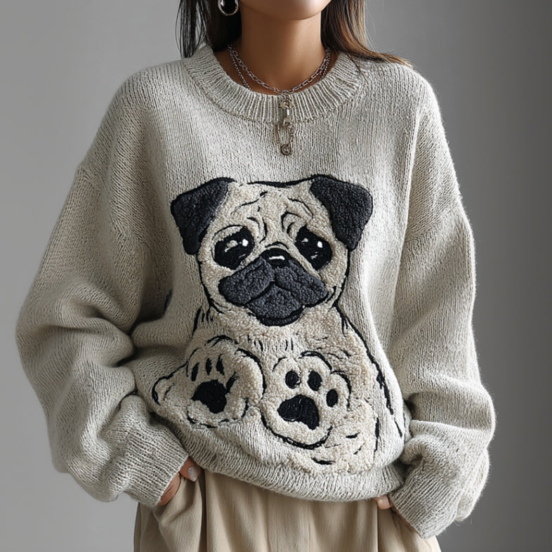 Comstylish Lovely Cute Pug Embroidery Art Loose Cozy Knit Sweater