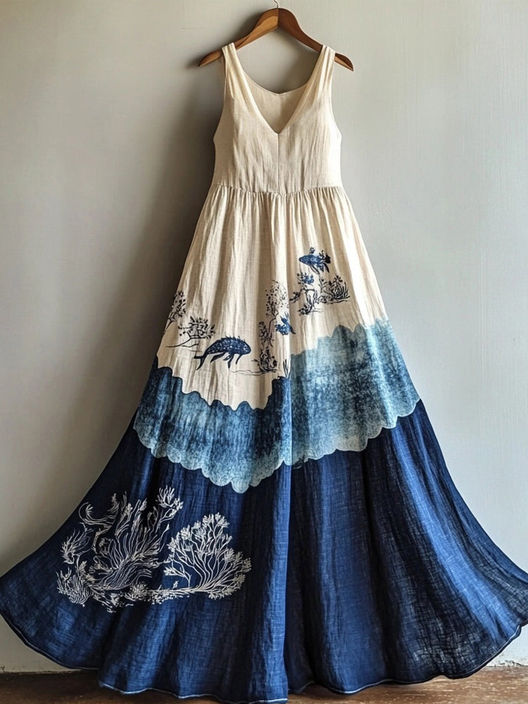 Vintage Ocean Inspired V Neck Flowy Linen Dress elevenforest