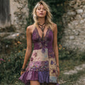 Vintage Boho Floral Embroidered Purple Patchwork Linen Mini Dress elevenforest