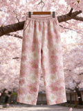 Comstylish Japanese Art Retro Style Plant Flower Pattern Casual Long Pants