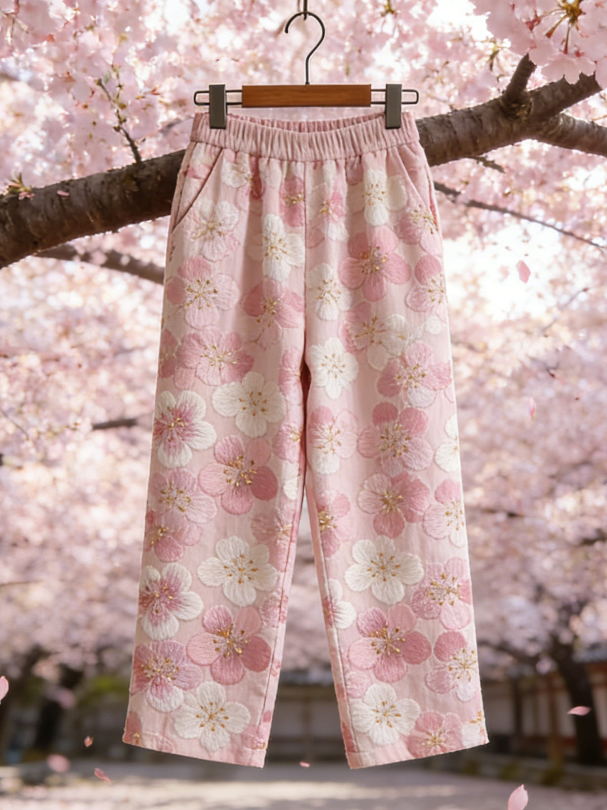 Comstylish Japanese Art Retro Style Plant Flower Pattern Casual Long Pants