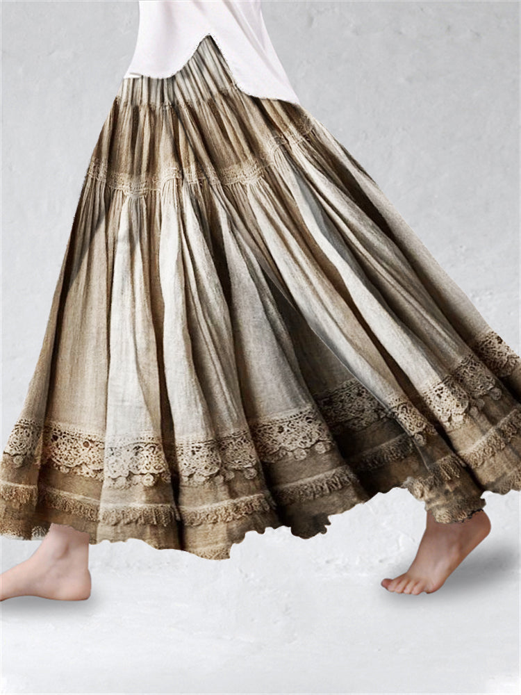 Vintage Boho Lace Linen Blend Flowy Wide Skirt elevenforest