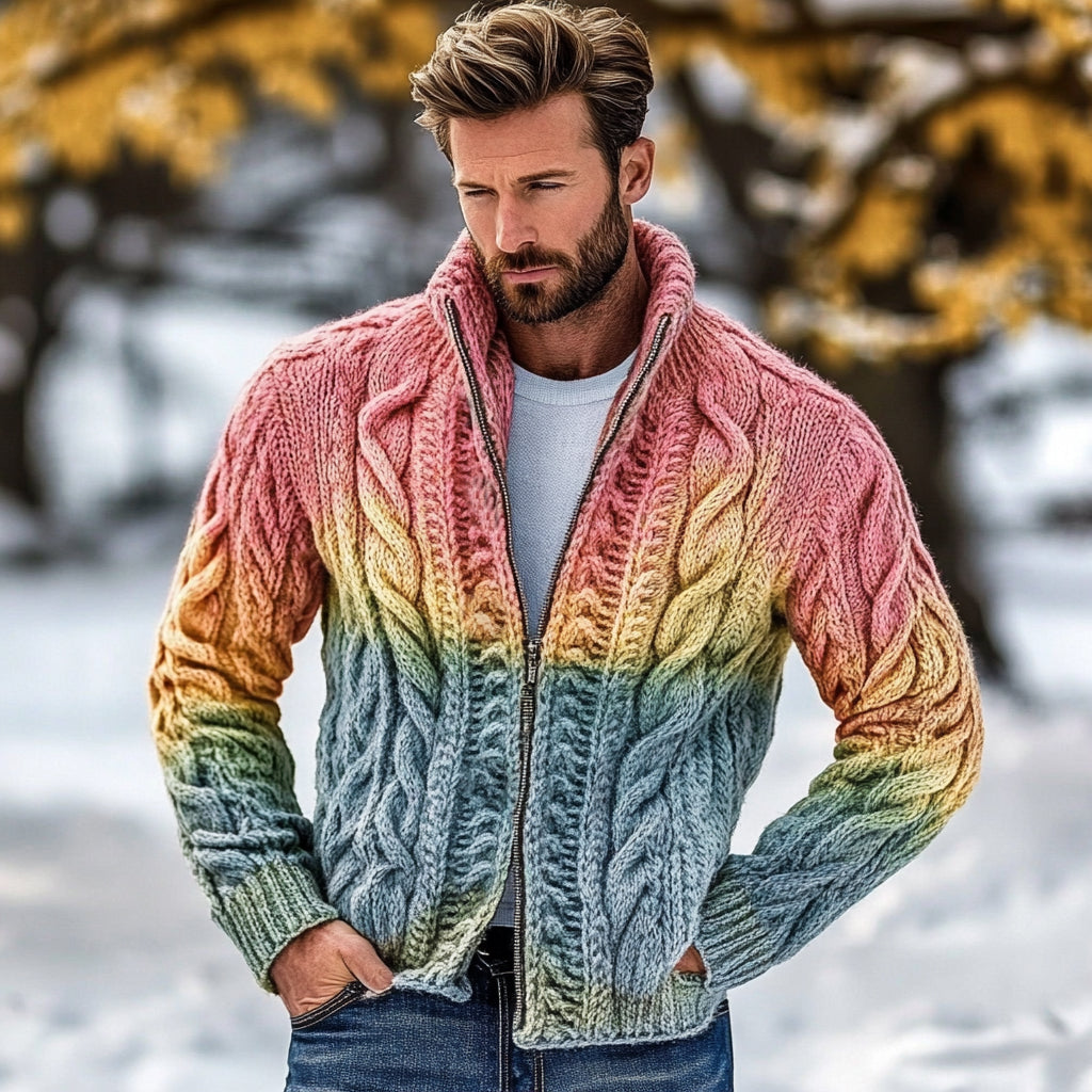 Men's Vintage Rainbow Cable Knit Gradient Zip Cozy Sweater elevenforest