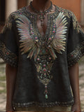 Western-style Bright-colored Feather Wings With Three-dimensional Embroidery Pattern, Bead Embroidery, V-neck, Black Short-sleeved Top elevenforest