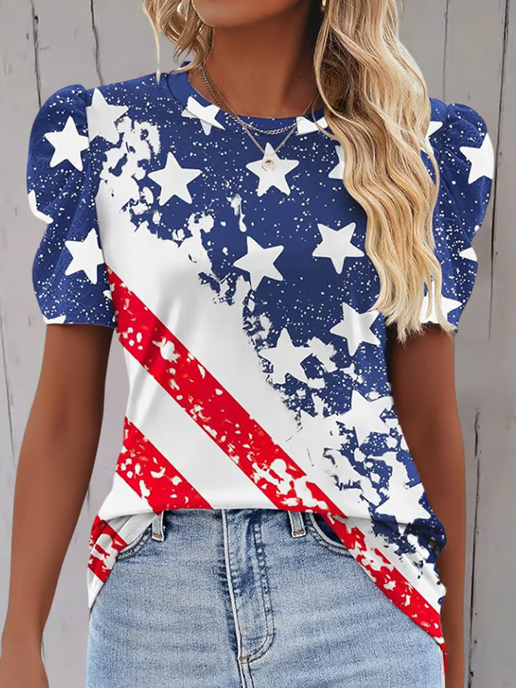 Comstylish Women's Independence Day Puff Sleeve Crew Neck Print T-shirt