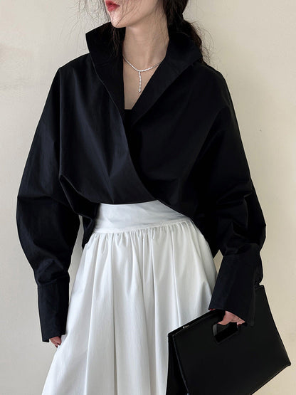 Profile Bandage Dress Stand Collar Deep V Plunge White Shirt Lazy Batwing Sleeve Large Version Blouse