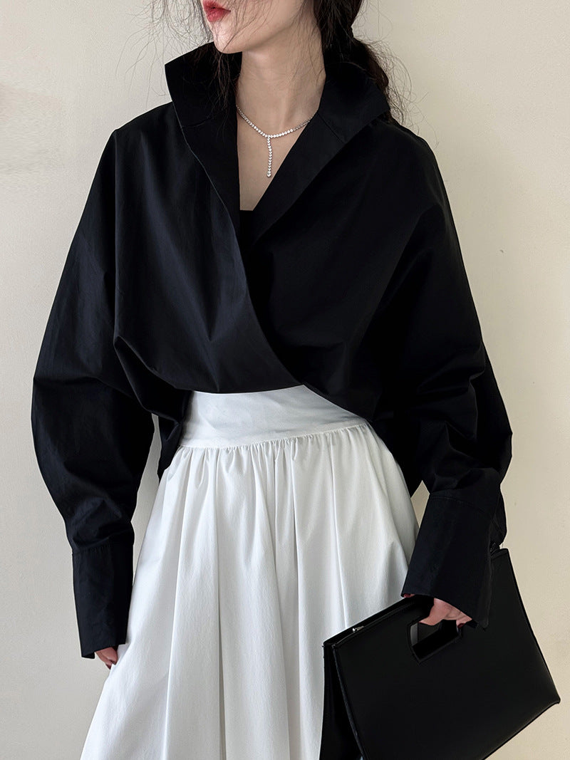 Profile Bandage Dress Stand Collar Deep V Plunge White Shirt Lazy Batwing Sleeve Large Version Blouse