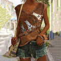 Comstylish Women's Retro Horse Print Horse Lovers Casual V Neck Tank Top