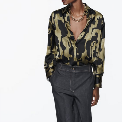’s Silk Satin Texture Printed Long Sleeve Shirt – Blouse