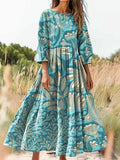 Women's Folk Floral Art Print Flowy Cotton Crew Neck Dress