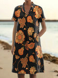 Women's Vintage Folk Art Floral Pattern Print V-Neck Linen Pocket Dres