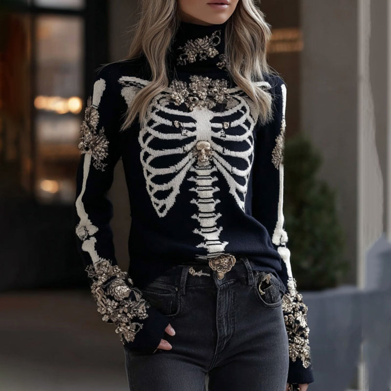 Comstylish Women's Gothic Style Skeleton & Floral High Neck Cozy Sweater