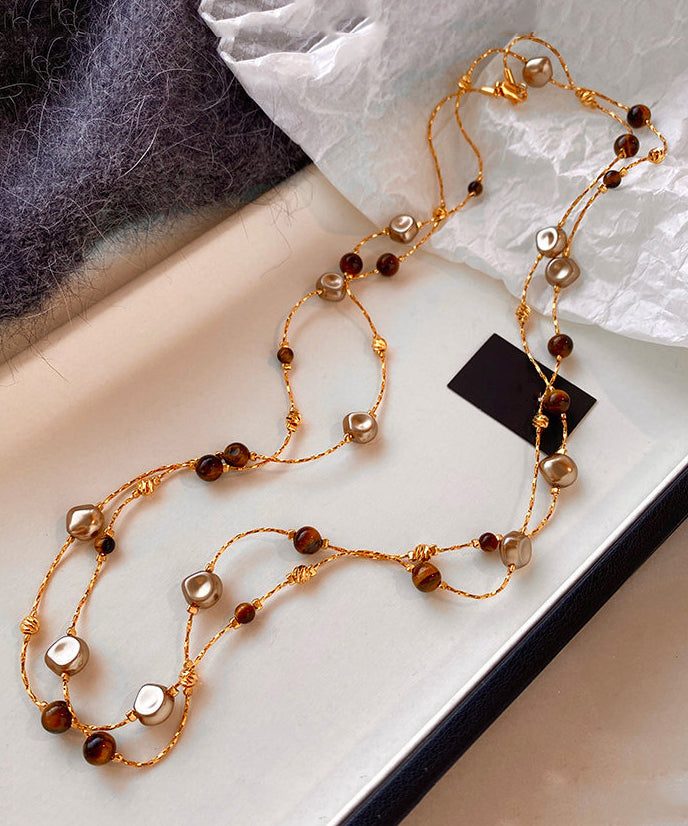Retro Coffee Tiger's Eye Stone Double Tier Copper Long Necklace
