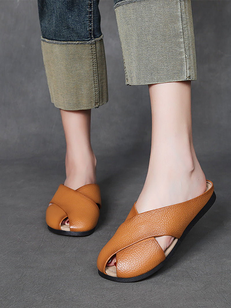 Summer Leather X-spliced Flat Slippers Ui1032