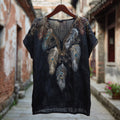 Western-style Feather Gem Element Tie-dye Vintage V-neck Linen Thin Short-sleeved Shirt elevenforest
