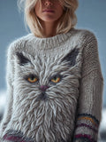 Cute Fuzzy Cat Embroidered Crew Neck Cozy Sweater elevenforest