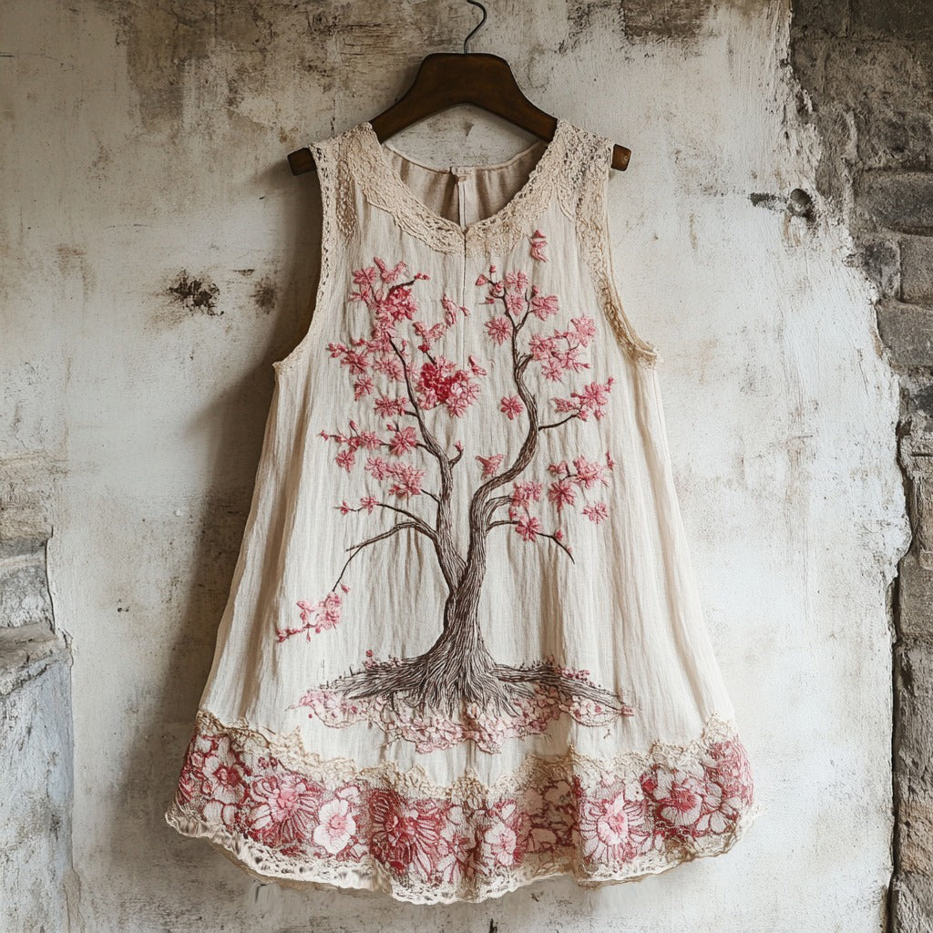 Women's Cherry Blossom Embroidery Lace Art Linen Tank elevenforest